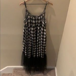 TOV Check Print Mesh Hem Maxi Dress